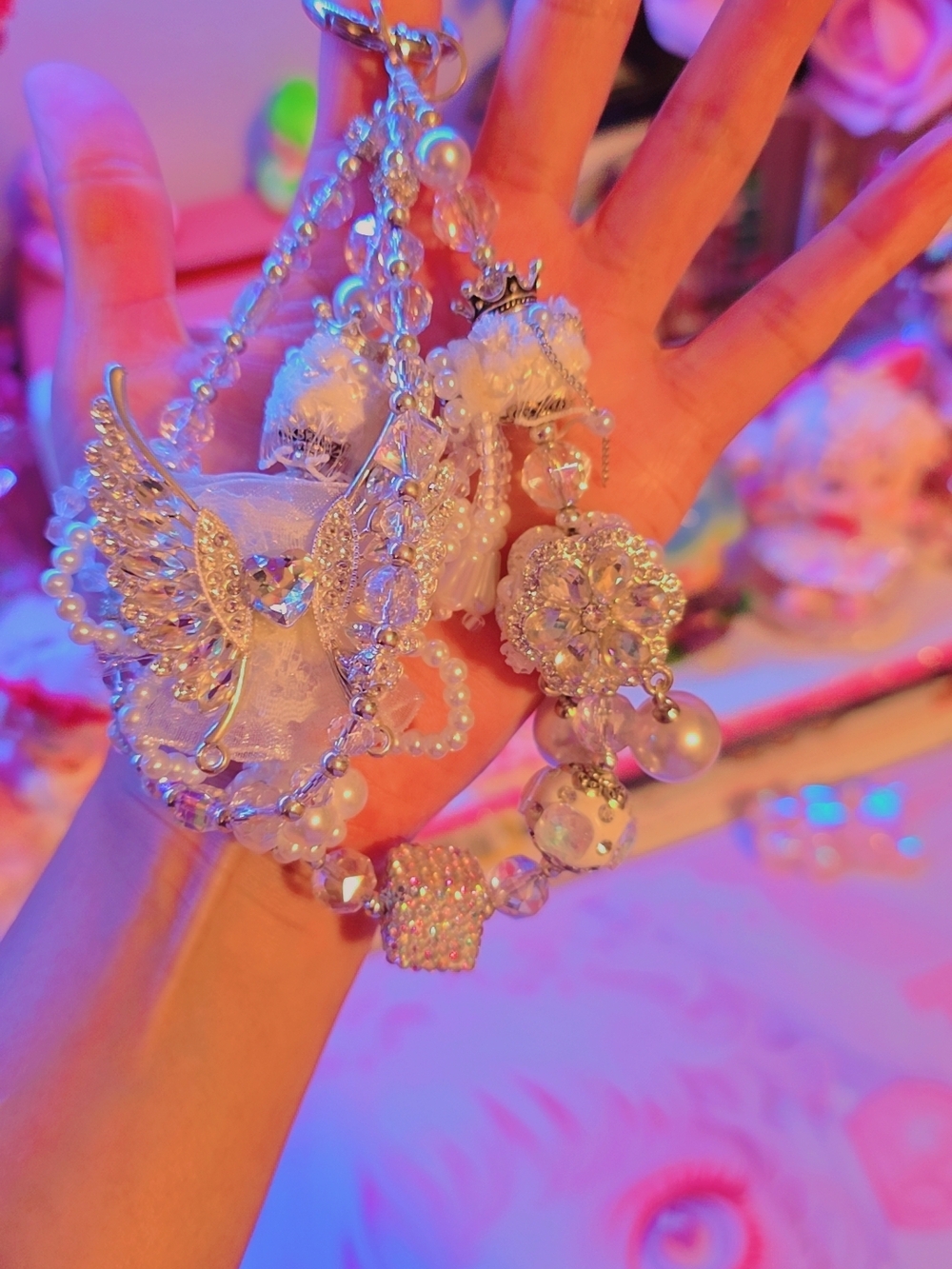 Delicate White Pearl Angel Wing Charm Bag Chain
